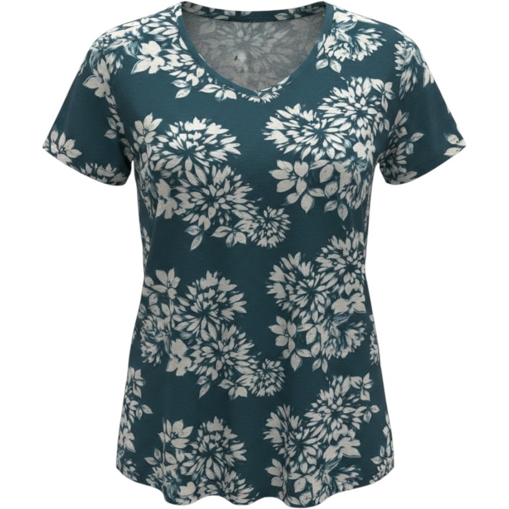 New Directions Teal Floral Sharkbite V-Neck Short Sleeve Top Size 1X